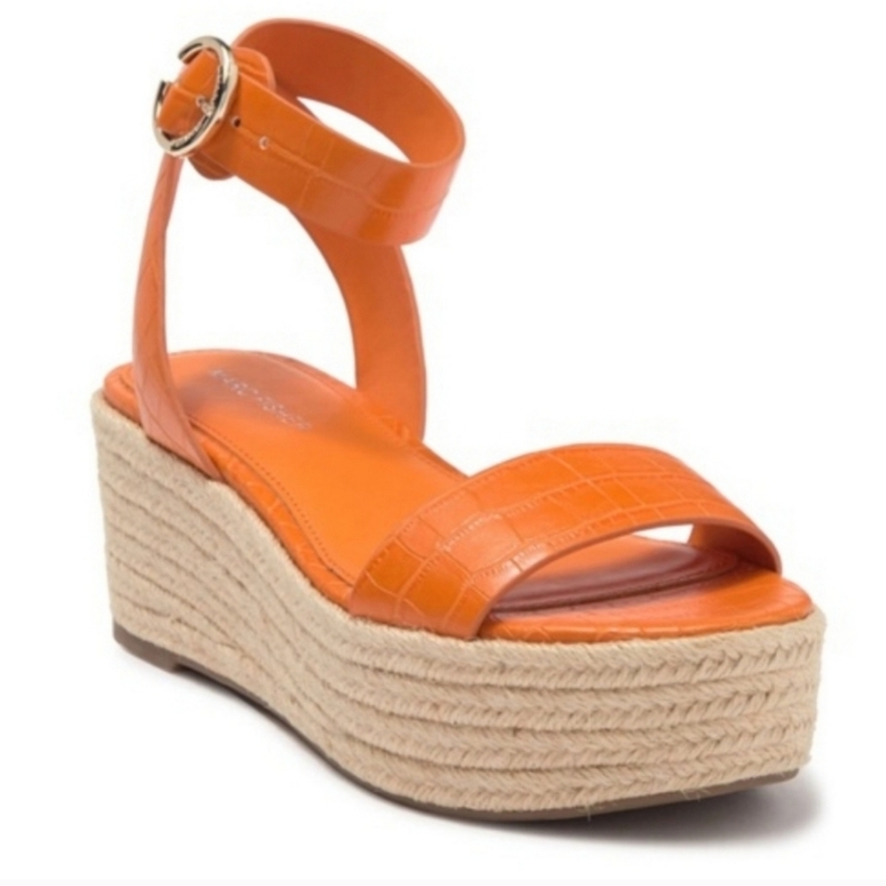 New W/O Tags! Marc Fisher Jenia 2 Orange Croc Embossed Espadrille Platform Sz 7